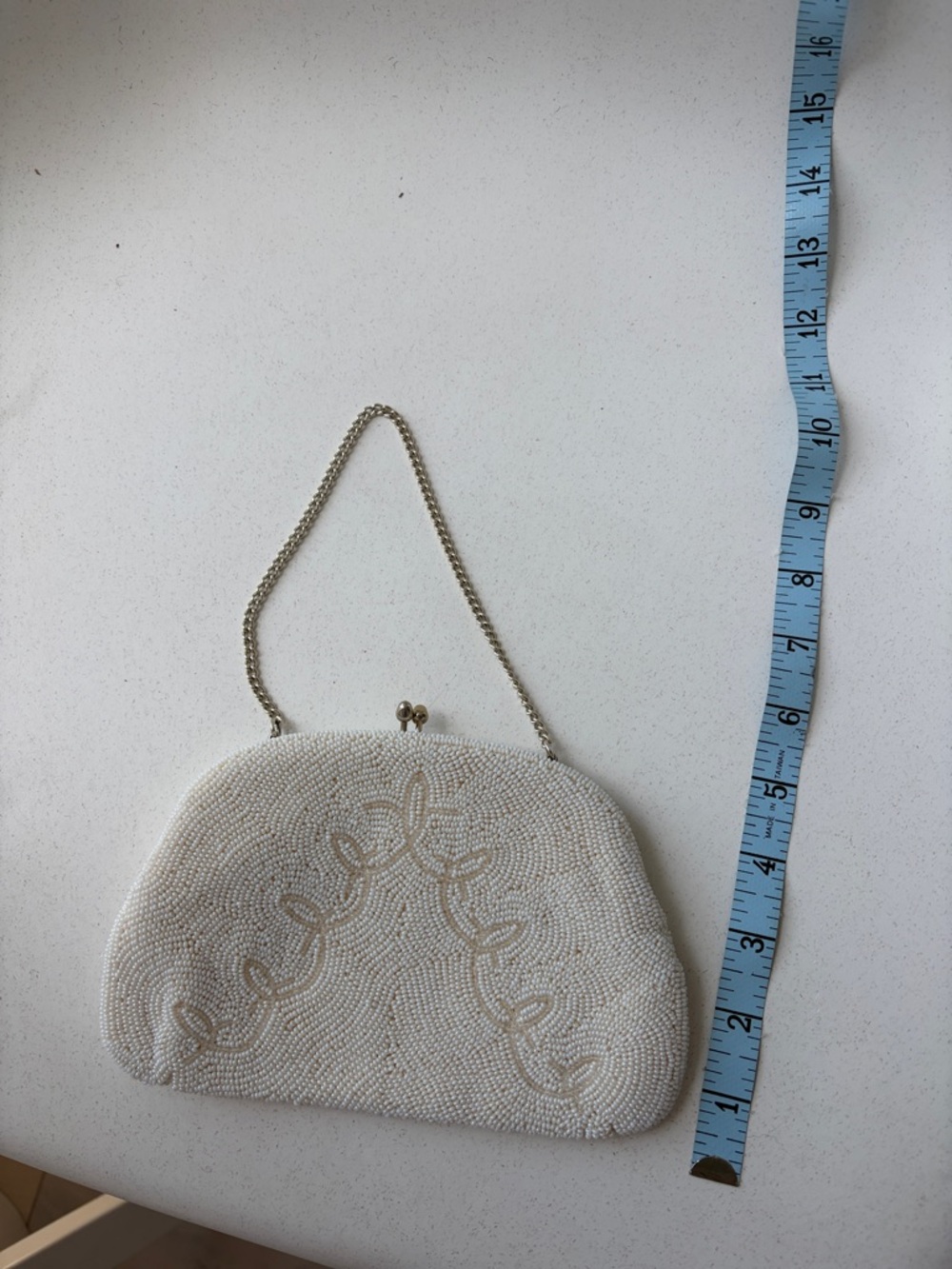 Vintage Cream Beaded Evening Clutch with Chain Strap